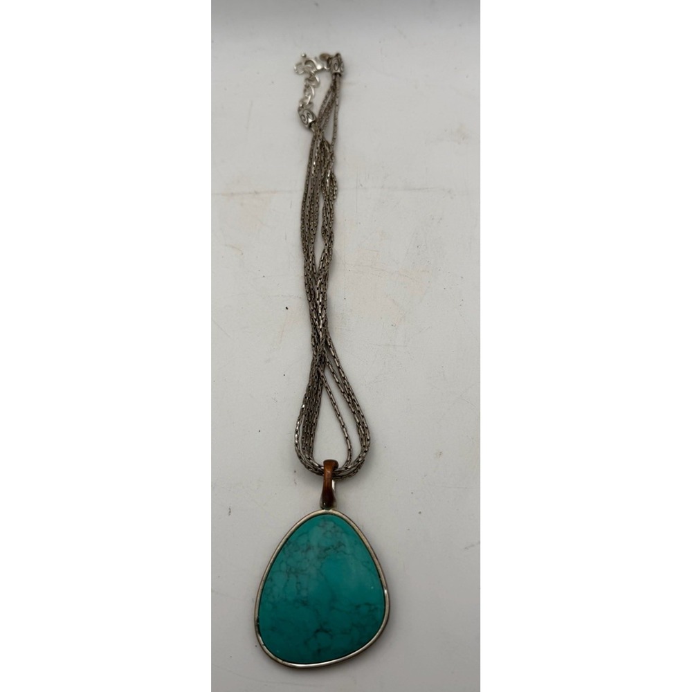 Turquoise Color Teardrop Pendant Necklace Silver Tone Multi Strand Chain Boho